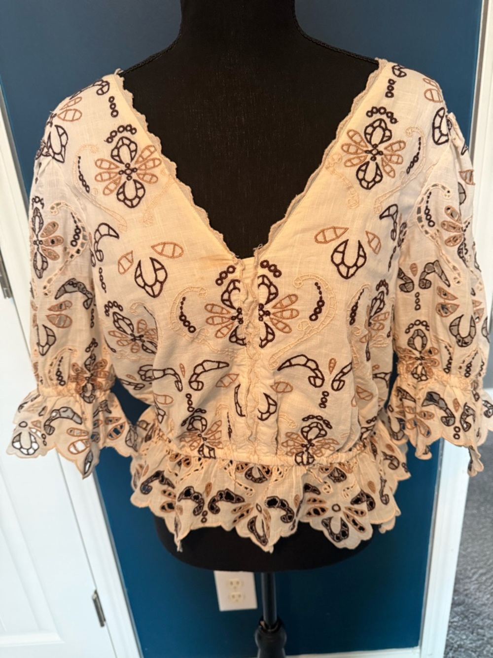 Anthropologie Cream Peplum Top with Brown & Black Embroidery